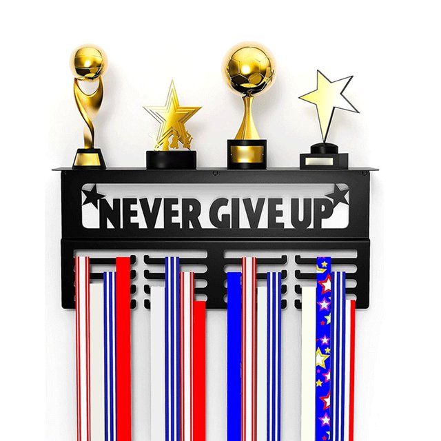 Metal Medal Hanger Display, Medal Holder Awards Trophy Display Multipurpose Ribbon Trophies Display Rack Organizer Wall Mounted Metal Awards Rack with Trophy Shelf for Runners