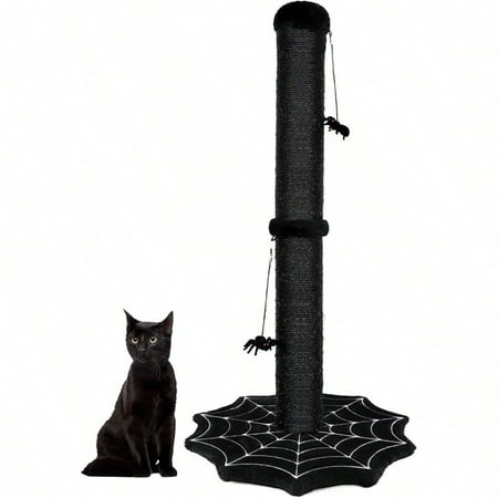 Gothic Cat Scratching Post With Spider Dangling Toys For Indoor Cats Halloween Spooky Cat Scratcher Activity Cat Play Center Goth Cat Tree Tower Furniture With Cobweb Base Black
