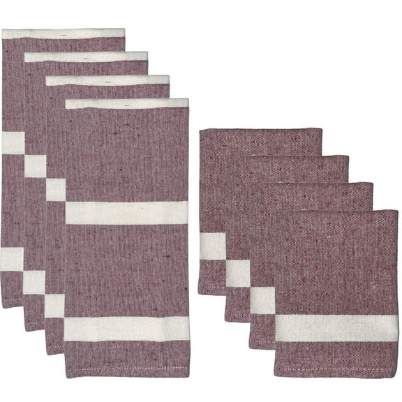 Set of 8, 100% Cotton 4 Ultra Absorbent Maroon Kitchen Towels with Sonoma Stripes with Hanging Loops Size: 15 x 25 inch and 4 Dishcloths for Drying Wiping Dishes Size: 12 x 12 Inch.