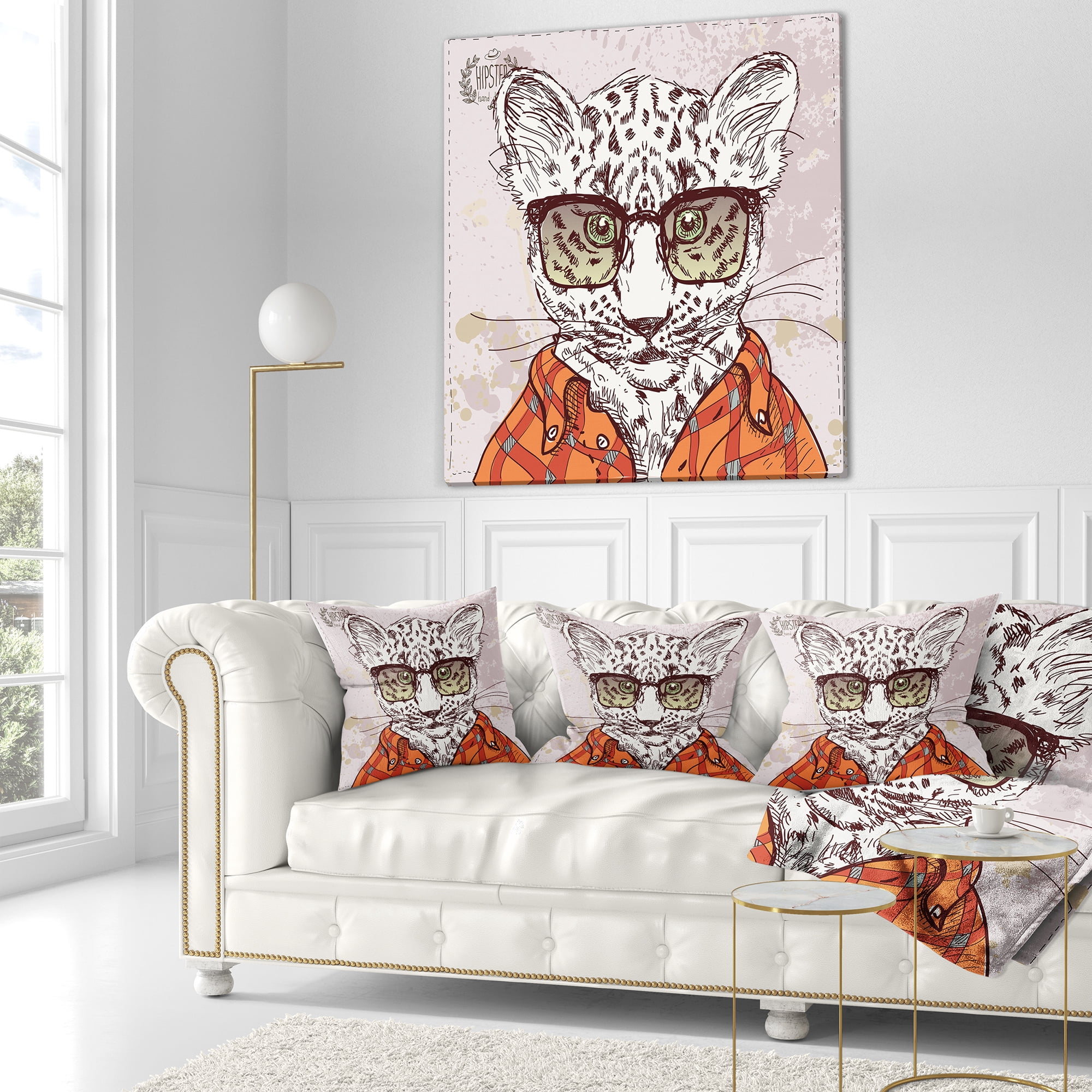 Designart Funny Hipster Leopard with Glasses - Animal Throw Pillow - 16x16