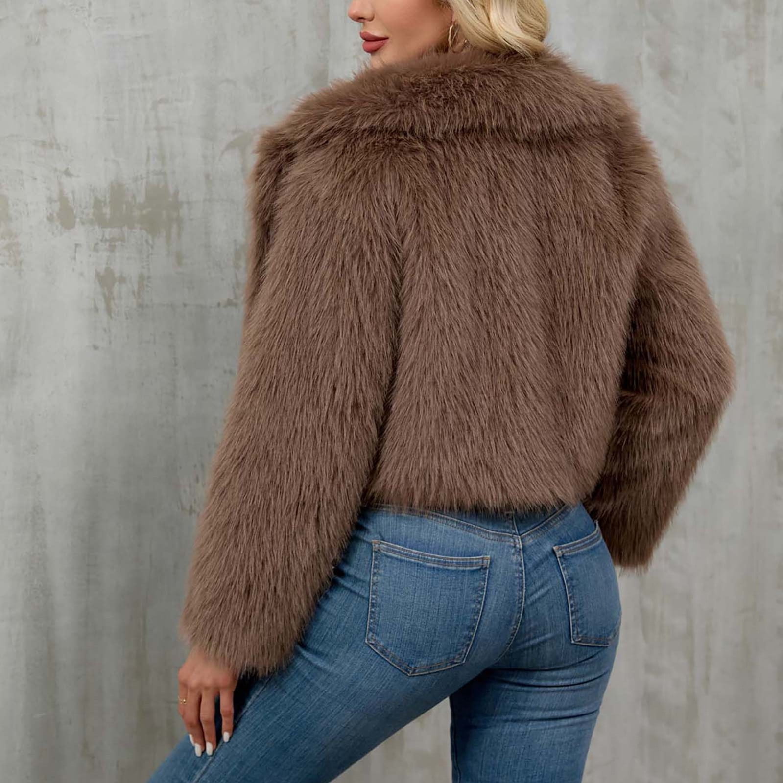 QATAINLAV Faux Fur Coats for Women Open Front Long Sleeve Lapel Fluffy Jacket Warm Shaggy Winter Outerwear, Brown, S