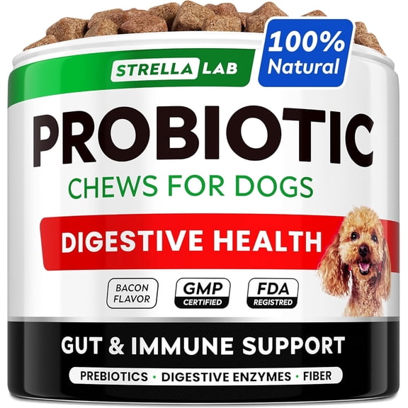 StrellaLab Probiotics Chews for Dogs & Digestive Enzymes Digestion & Gut Health Treats, Probiotics for dogs, Fiber Supplement, Anti Diarrhea, Constipation, Upset Stomach&Gas Relief,Canine Prebiotic