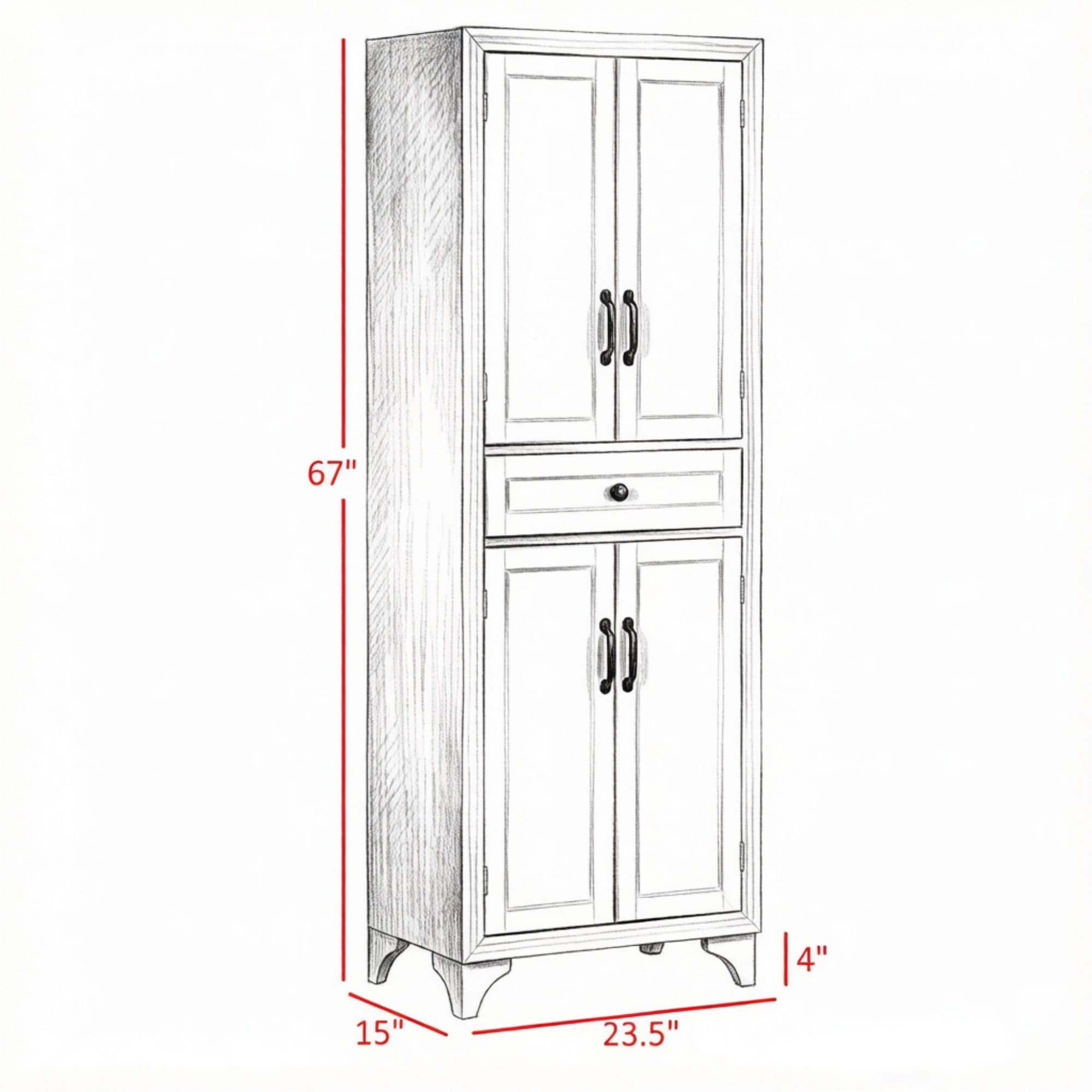 67" 4-Door Kitchen Pantry, with Drawer and Adjustable Shelves, Large-Capacity Storage Cabinet, White