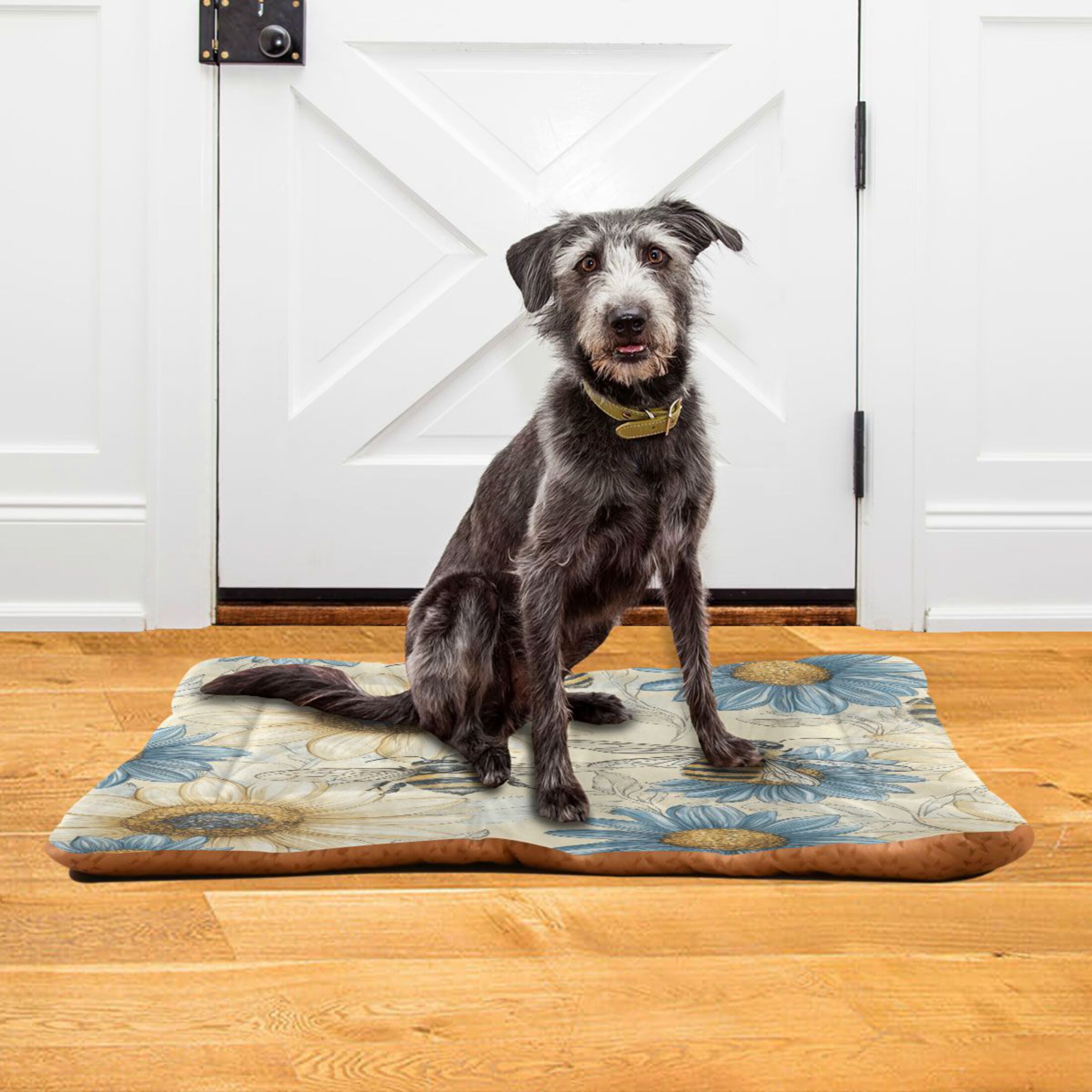 Qxltty Blue White Flower Bee Pattern Ped Pad Wear-resistant and Hard to Bite Through Sleeping Pad for Small Medium Large Dogs Winter Pet Bed 36×24in
