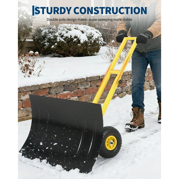 Pelle à Neige en Métal avec Roues – Pousse-Neige Roulant Robuste – Poignée Ergonomique à 7 Positions Inclinée et Réglable en Hauteur – pour Entrée, Trottoir, Porte et Trottoir – Lame Noire + Poignée Jaune