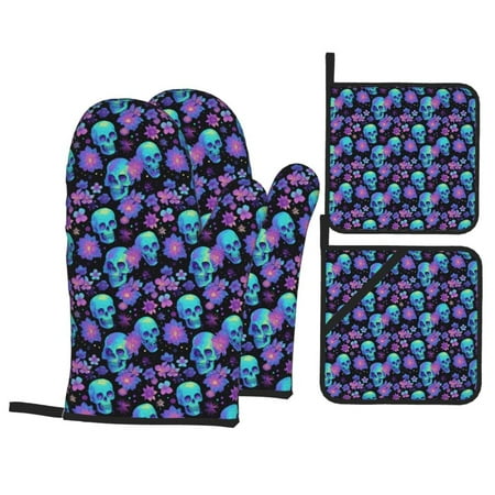 

Oven Mitts and Pot Holders 4 Piece purple flower blue Skull High Heat Slip Resistant Oven Mitt and Trivets Set Kitchen Oven Glove Pot Holders for Cooking Baking Grilling