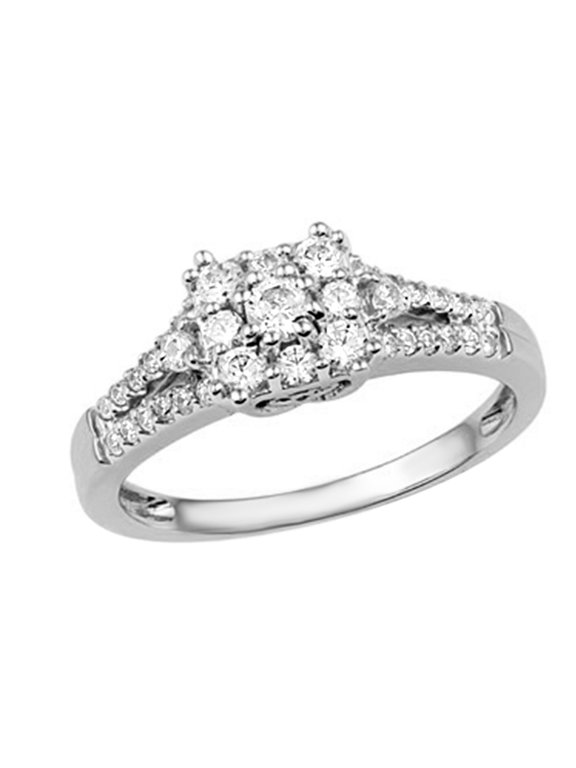 White Natural Diamond Cluster Square Ring in 10k White Gold