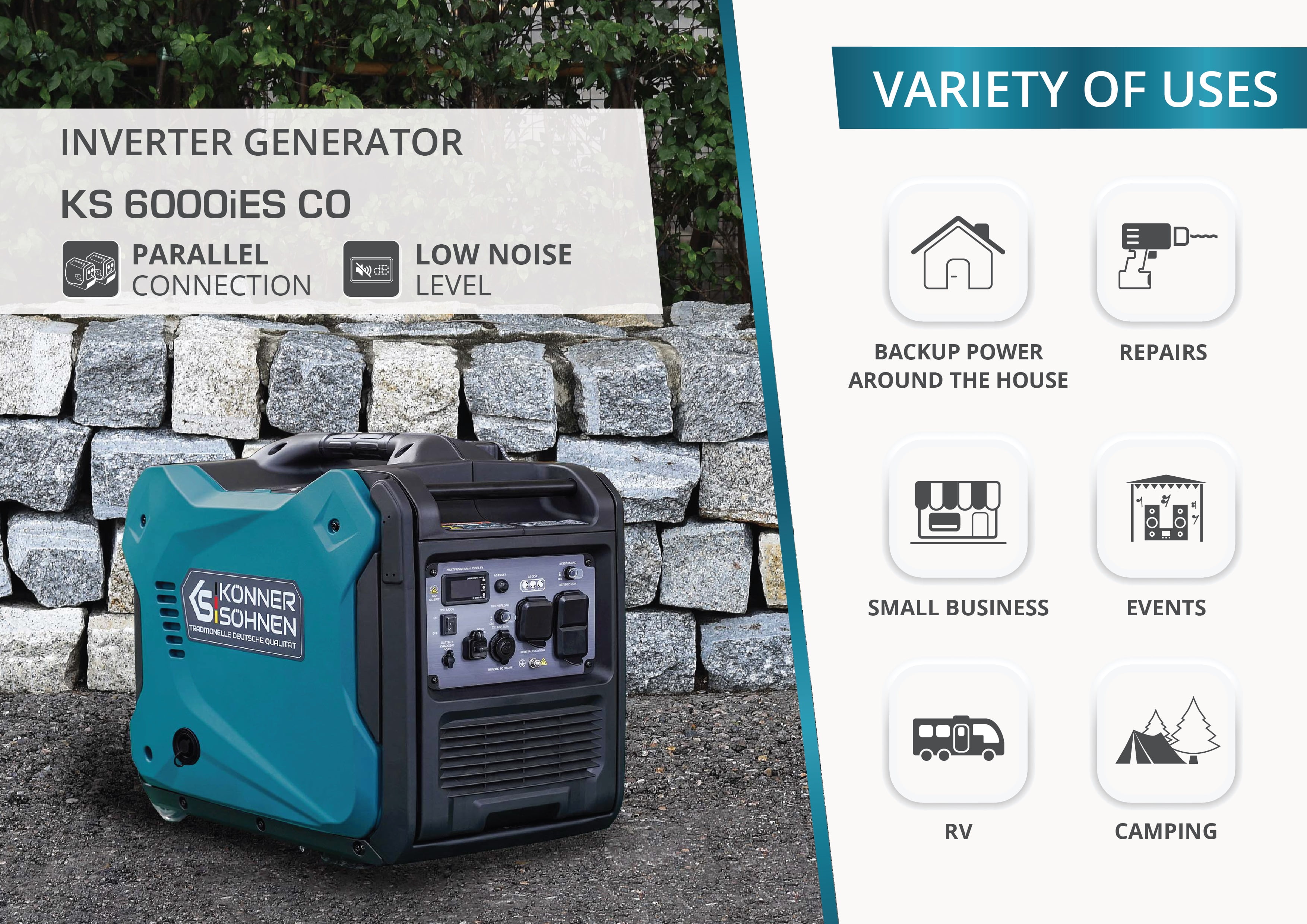 Konner & Sohnen Gasoline Inverter Generator 5500 Watt 120V Quiet CO Sensor Foldable Handle Wheels Multiple Outlets