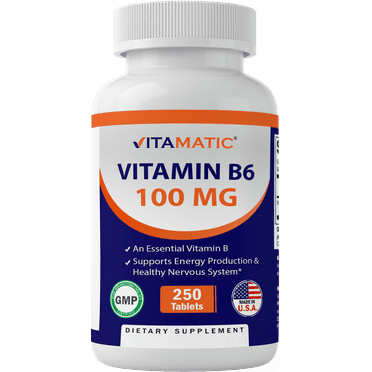 Vitamatic Vitamin B6 (Pyridoxine HCI), 100mg 250 Vegetarian Tablets - Promotes Energy Production, boosts Metabolism and Immune Health Support