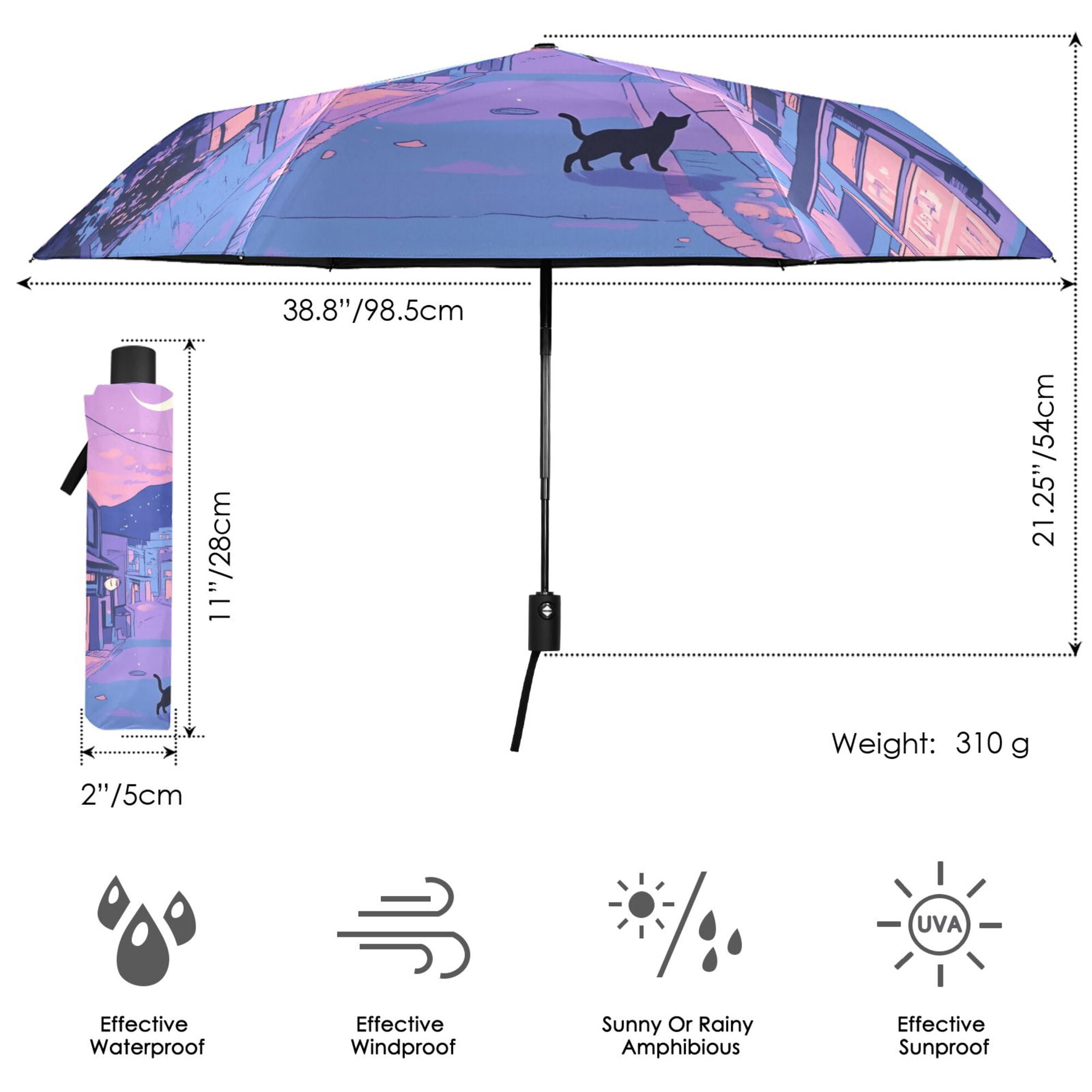 FORMRS Travel Umbrella Folding Auto Open Close Windproof Rain UV Protection, Cat Walking in Street