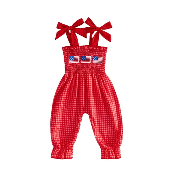 BemeyourBBs Newborn Baby Girl 4th of July Outfit Baby Girls Independent Day Clothes Smocked Plaid Rompers Patriot USA Flag Embroidery Straps Tie-Up Shoulder Sleeveless Bodysuit Jumpsuit Playsuit