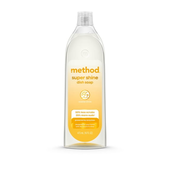 Method Super Shine Liquid Dish Soap, Powered by Enzymes, Coastal Citron Scented, 16 fl fl oz