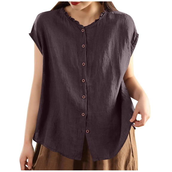 LEKWK Womens Sleeveless Linen Tops Ruffle Mock Neck Button Down Tank Tops Loose Fit Casual Work Tops Solid Vest Summer Business Office Wear