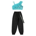 thumbnail image 4 of TiaoBug Kids Girls 2 Piece Hip Hop Dance Outfits Sequins Ruffle Sleeveless Crop Top with Jogger cargo Pants Set Light Blue 14, 4 of 7