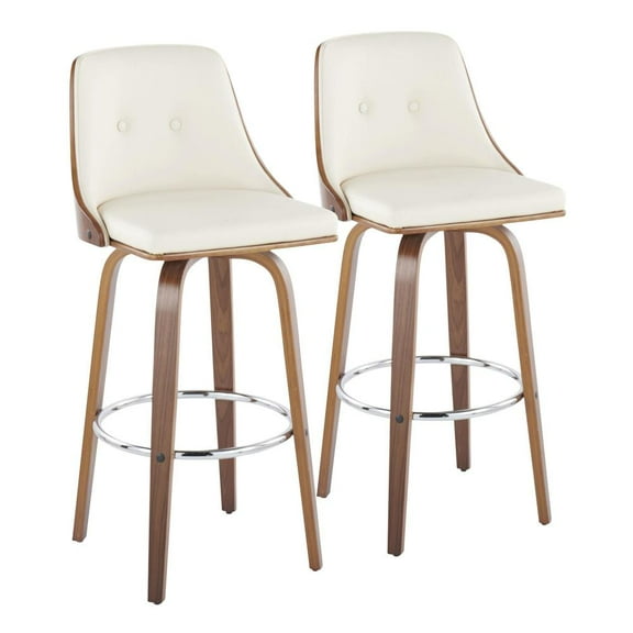 LumiSource Walnut Wood, Chrome Metal, Cream PU Gianna Fixed-Height Barstool - Set of 2