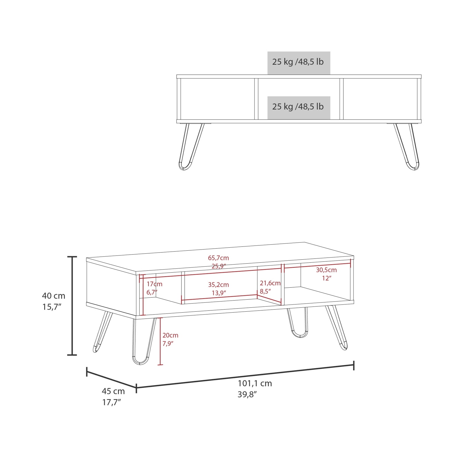 Coffee Table with 2 Shelves, Modern White Finish