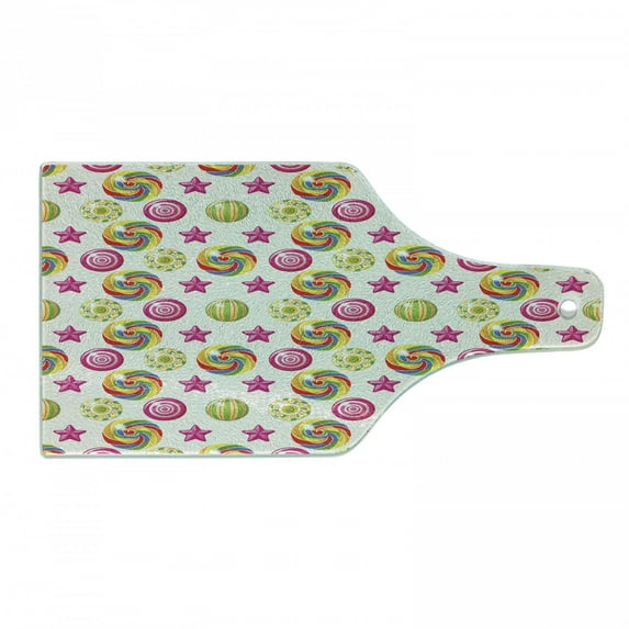 Dessert Cutting Board, Yummy Candy Rainbow Swirl Lollipop with Stars Vibrant Design, Decorative Tempered Glass Cutting and Serving Board, Wine Bottle Shape, Multicolor, by Ambesonne