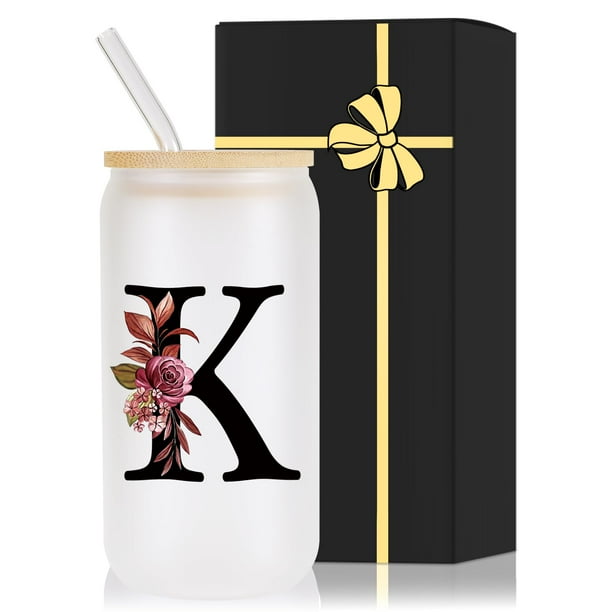Vaso de Vidrio para Beber Wulcea 470ml con Tapa de Bambú y Monograma Esmerilado