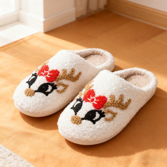 CAIXIA Christmas Kids Fuzzy Slippers for Boys Girls with Memory Foam Lined Cartoon Pattern Non- Soles Household Slippers Warm Soft Winter Indoor Bedroom Winter Shoes Girl Gifts