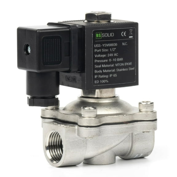 U.S. Solid 1/2" Stainless Steel Solenoid Valve - 24V AC, Normally Closed, 145 PSI Electric Valve for Water, Air, Diesel