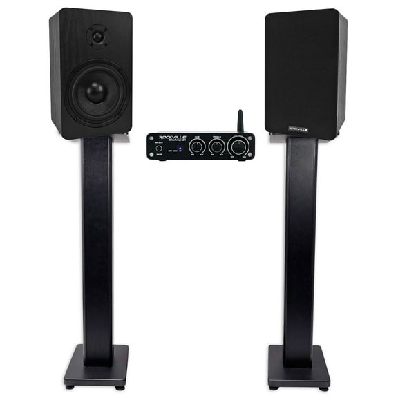 Rockville BLUAMP 21 Bluetooth Home Audio Receiver 2) 5.25" Black Speakers Stands