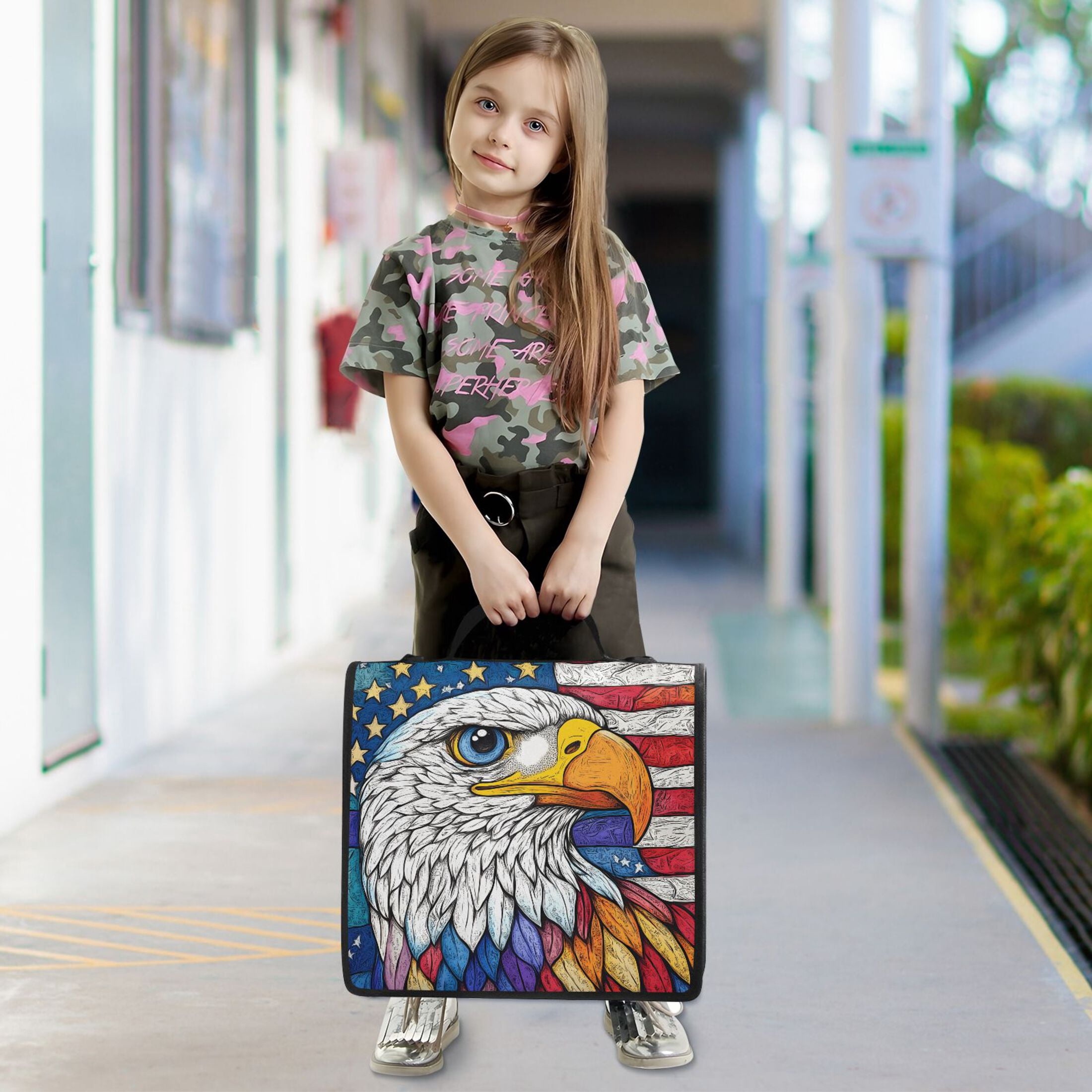 3 Ring Zipper Binder with Shoulder Strap Waterproof Trapper Keeper 2 Inch D-Ring 500 Sheets Capacity American Flag and Eagle
