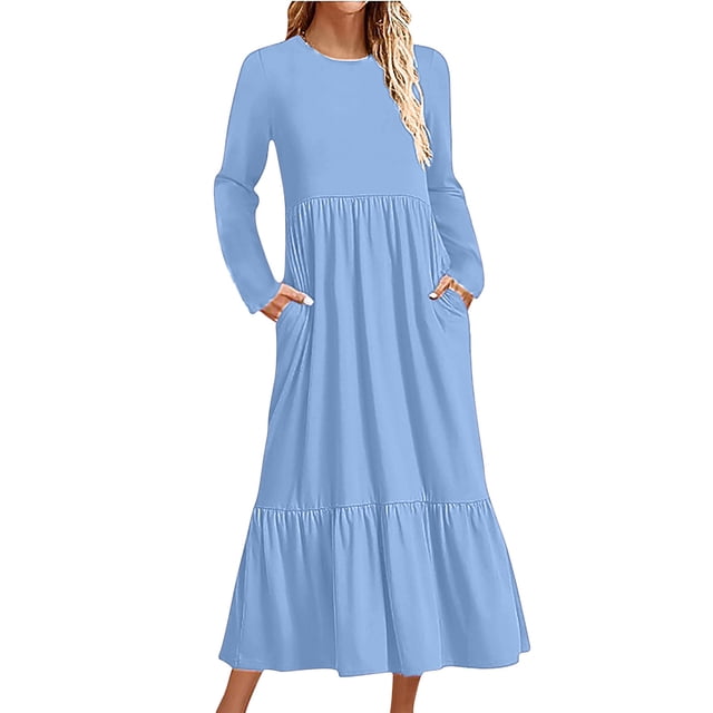 cfhntfmh Robes Fluides pour Femmes Automne Décontracté Col Rond Ample Robe Midi à Étages Robe de Détente Manches Longues Plissée avec Poches