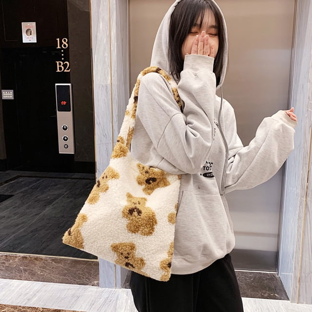Bolso de felpa de otoño con estampado de oso de gran capacidad para mujer (blanco)