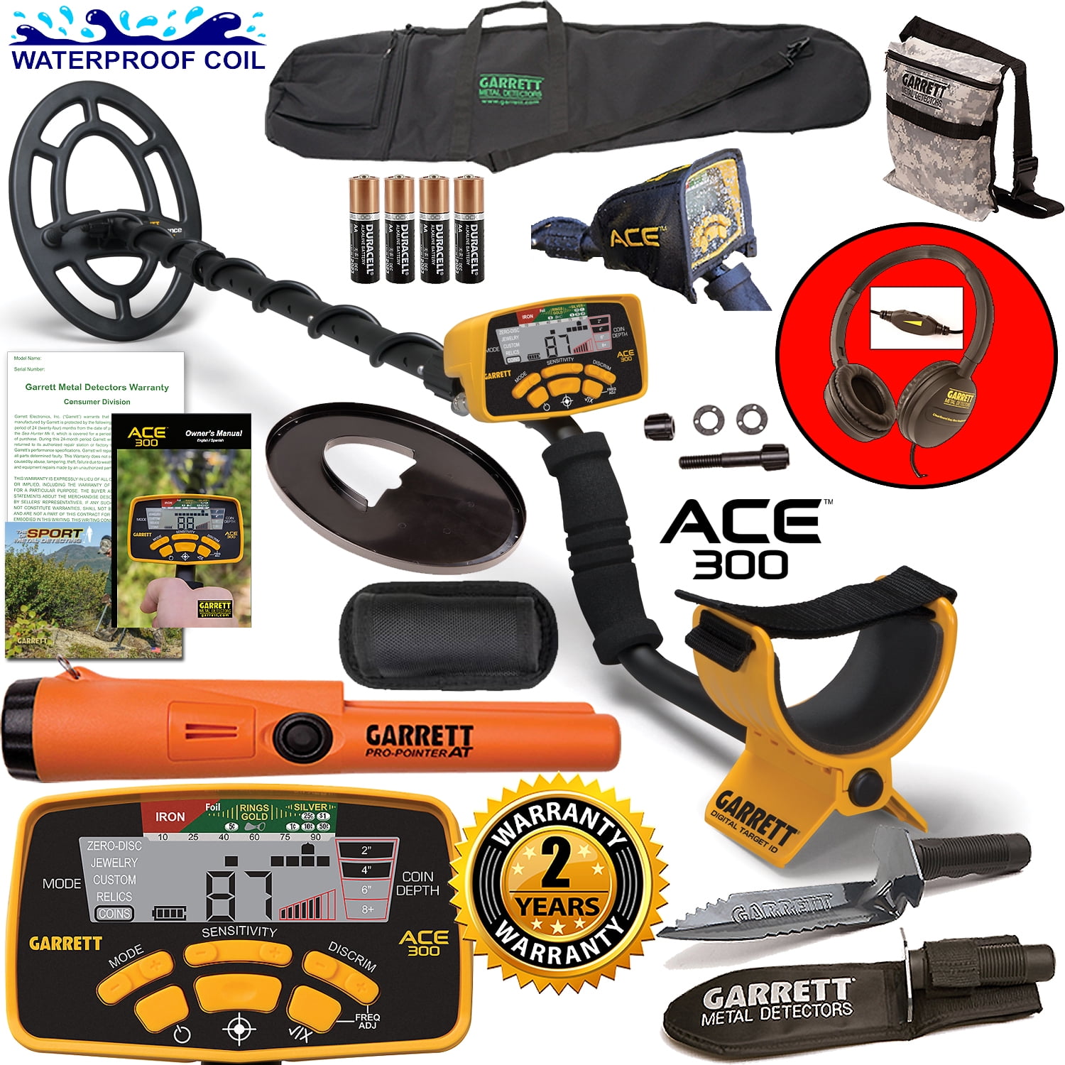 Garrett ACE 300 Metal Detector with Waterproof Coil ProPointer AT and