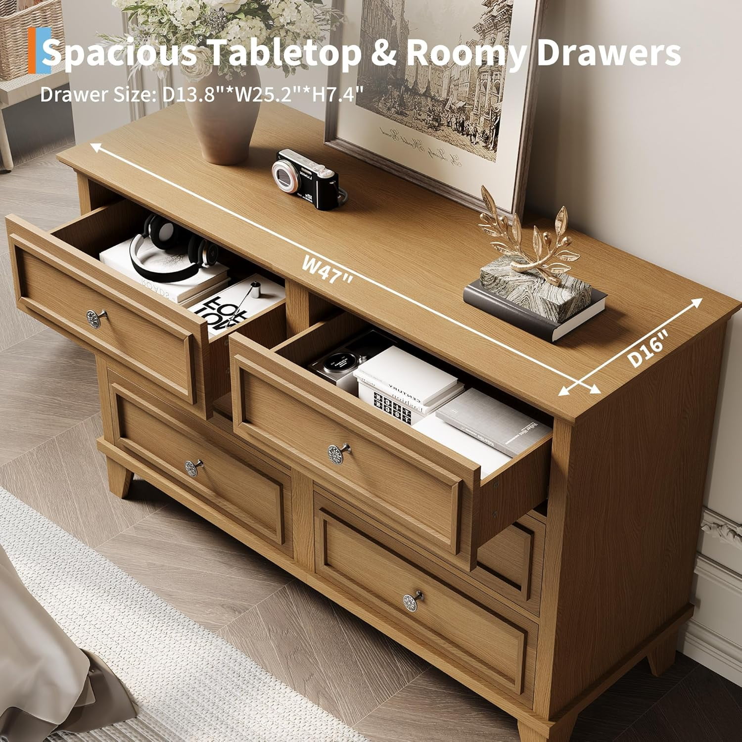 how much was millie bobby brown's wedding dress Contemporary 6-Drawer Bedroom Dresser with Light Brown Finish main image 0