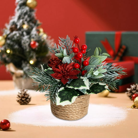 Upgraded Mini Christmas Tree, Artificial Potted Christmas Tree with Pine Cones Berries Tabletop Small Christmas Floral Arrangements in Pot Xmas Centerpieces for Table Desk Mantle Decor 7.4"X6.3" A