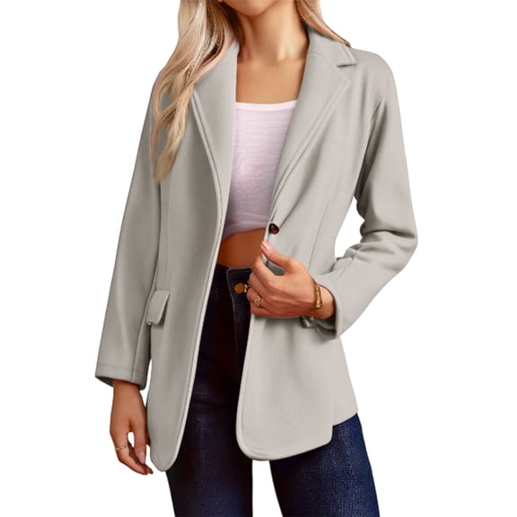CharmCyan Women’s Open Front Casual Blazer Jacket with Lapel Collar and Long Sleeves for Office Business and Daily Wear Beige L