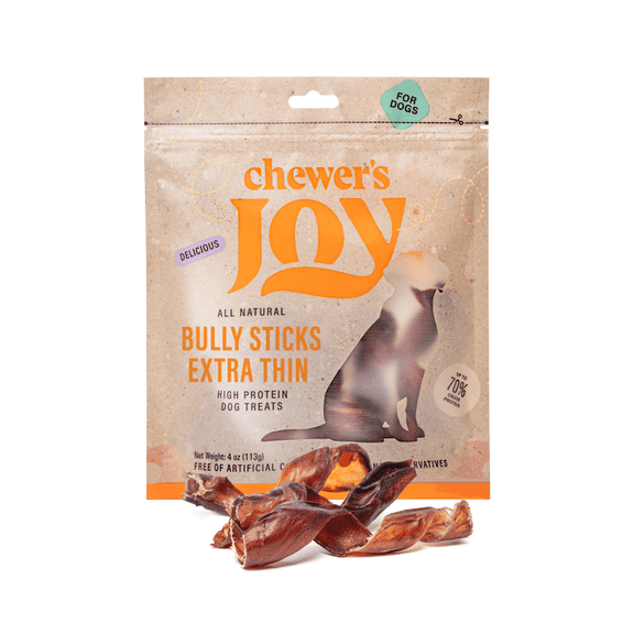 Chewer's Joy Bully Spring Extra Thin (4oz) – Natural Dog Treats – Long-Lasting Chews, High Protein, Pure Beef