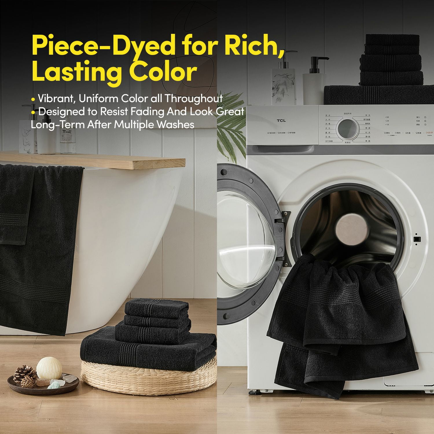8pc 100% Combed Cotton Towel Set (2 Bath, 2 Hand, 4 Wash) - Black