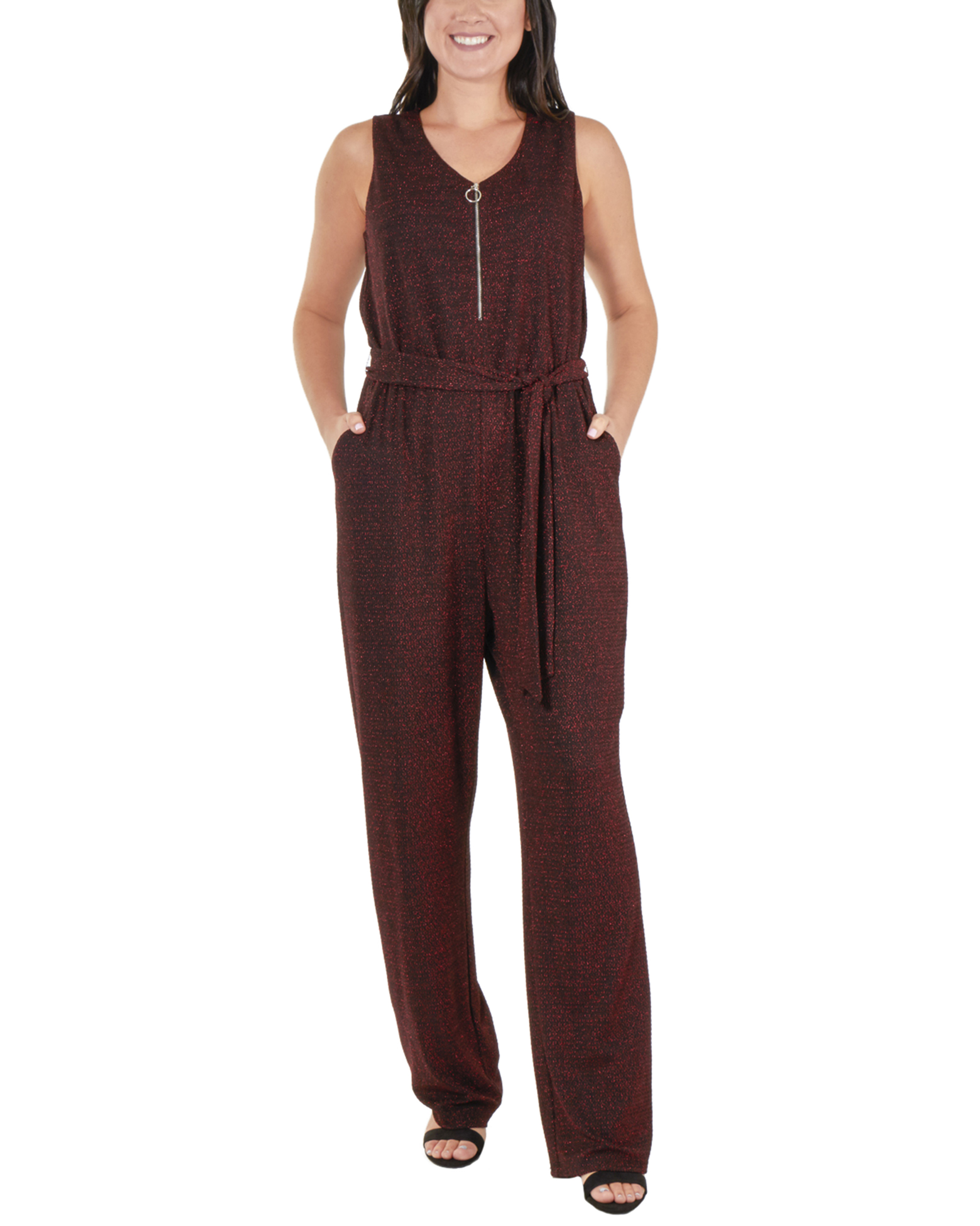 Women's Petite Glitter Zipper Front Sash Jumpsuit