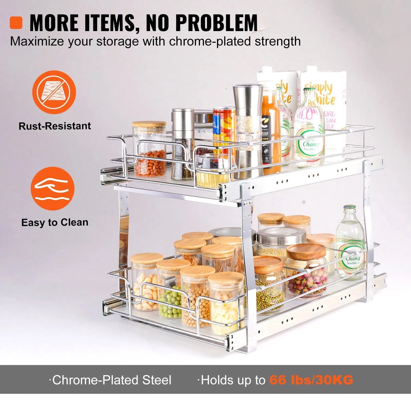 Pull Out Cabinet Organizer 14"W x 21"D, Slide Out Pantry Shelves - Plated Steel, Kitchen Cabinet Storage, Bathroom Under Sink Organizer
