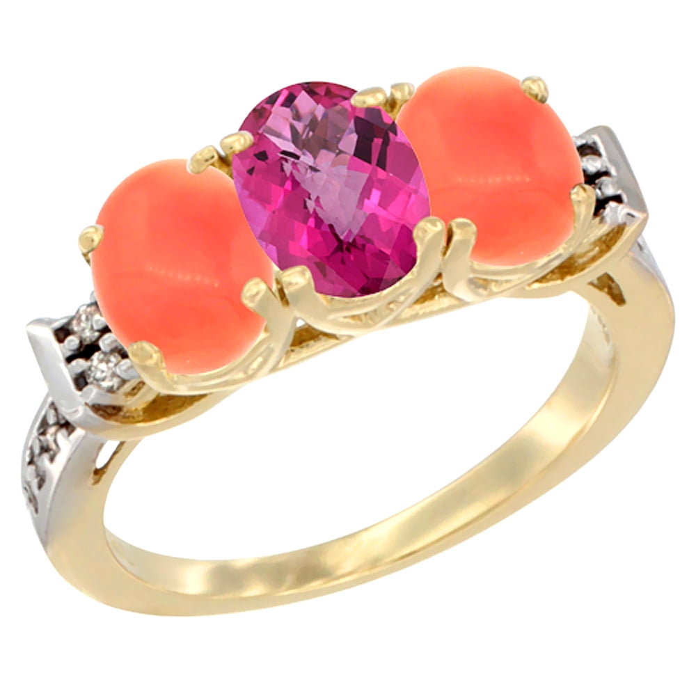 14K Yellow Gold Natural Pink Topaz & Coral Ring 3-Stone 7x5 mm Oval Diamond Accent, sizes 5 10 by WorldJewels