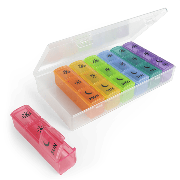 Ezy Dose Weekly (7-Day) Pill Organizer, 3 Times a Day, Travel Compartments, Rainbow