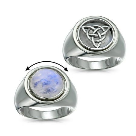 Flip Ring - Reversible Flip Viking Celtic Trinity Knot Triquetra Moonstone Signet Ring For Men Oxidized 925 Sterling Silver