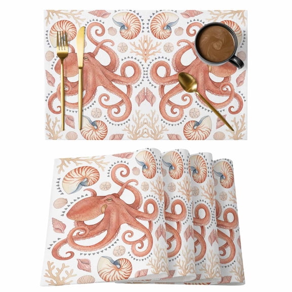 Sea Octopus Placemats Set of 12, Nautical Ocean Marine Orange Shell Coral Non-Slip Place Mats Washable Table Mats for Kitchen Dining Table Decorations Indoor/Outdoor