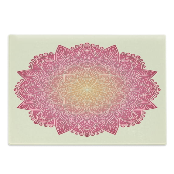 Pink Mandala Cutting Board, Vibrant Universe Tribal Awakening Healing Pattern, Decorative Tempered Glass Cutting and Serving Board, in 3 Sizes, by Ambesonne
