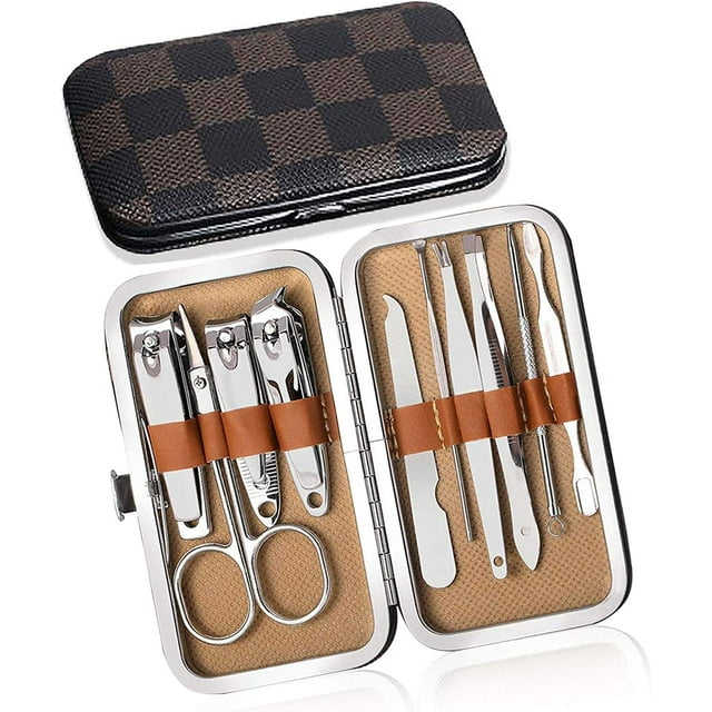 Juego de manicura Cortauñas profesional Kit de manicura y pedicura, 10 kits Juego de pedicura Cortauñas para hombres, como regalo de vacaciones, también viene con estuche de cuero de PVC de alta calid