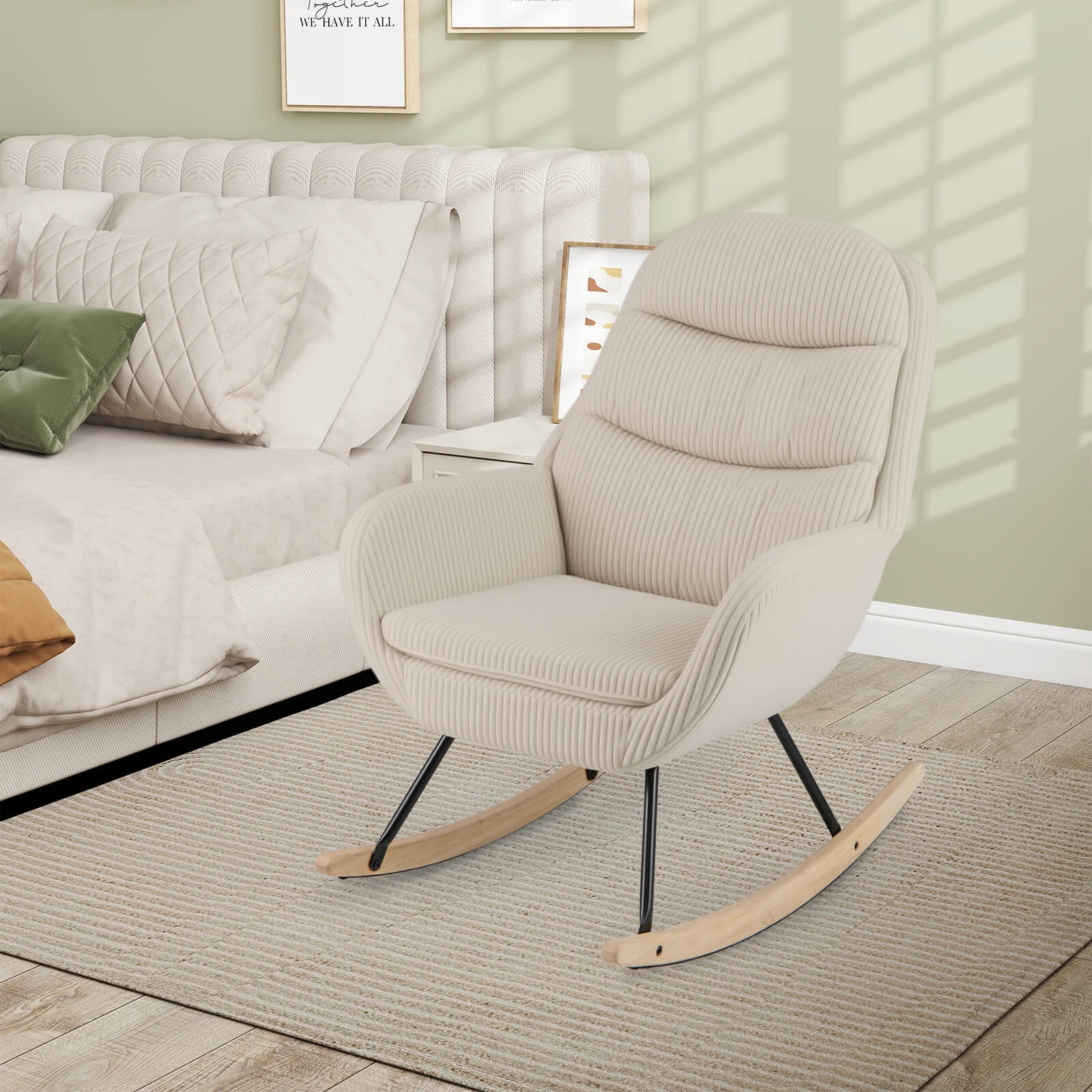 Costway 1 PCS Upholstered Rocking Chair with Padded Backrest & Seat Rubber Wood Feet Metal Frame