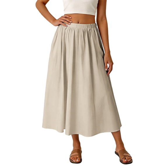 XIAOCHA Summer Midi Skirt for Women Solid Elastic Waist Side Pocket Flowy Loose Casual Everyday Long Skirts