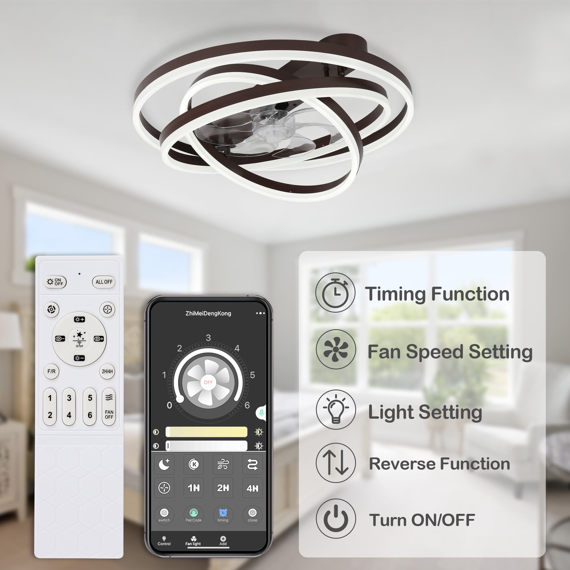24Inch Modern Coffee Indoor Reversible Ceiling Fan with Dimmable LED Light, 6-Speed DIY Shape Ceiling Fan with Remote and APP Control
