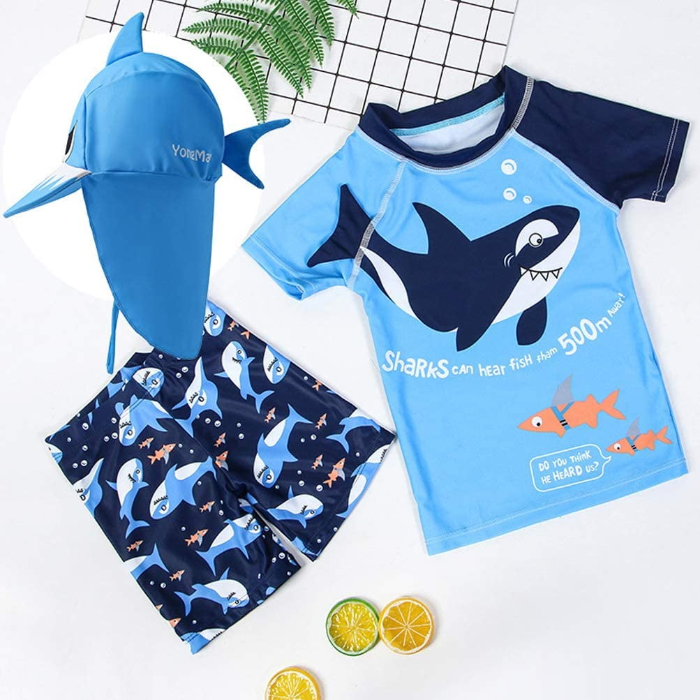 Baby Boys Two Piece Swimsuit Kids Short Sleeve Bathing Suit Rash Guards Swimwear Set with Hat UPF 50+ 