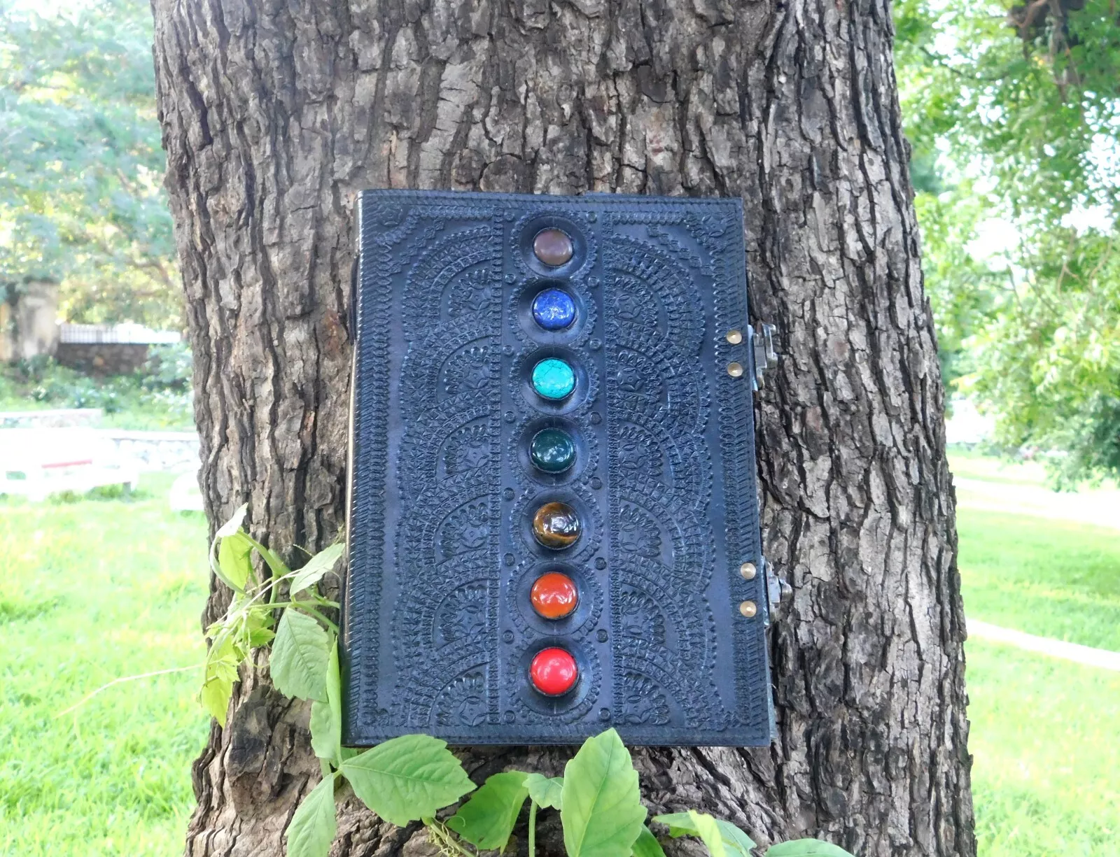 Handcrafted Embossed Vintage Design Leather Bound Journal Diary Pentagram 5 Stone Grimoire Spell Blank Notebook For Men & Women
