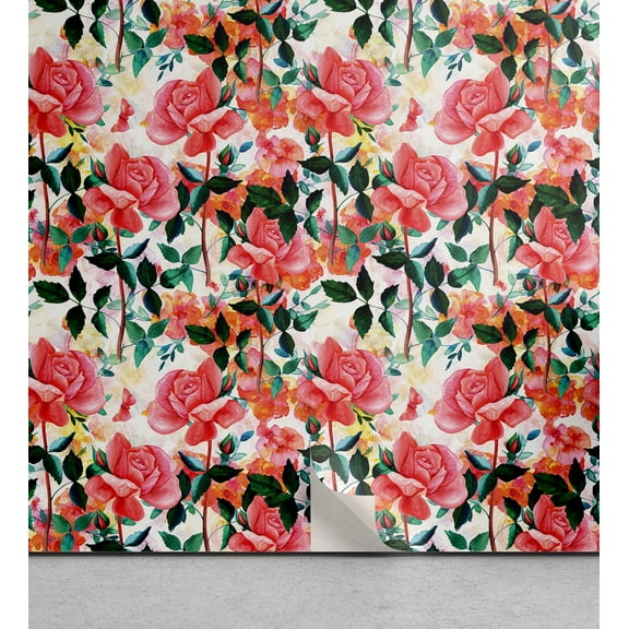 Ambesonne Rose Pattern Peel & Stick Wallpaper for Home, Garden of Romance Leaf, 13"x36", Pastel Pink Hunter Green