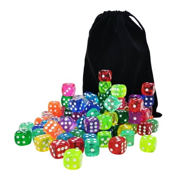 100Pieces Six Sided Dices with Drawstring Storage Bag 14mm Dotted Dices Coloured Game Dices for Math Teaching Board Game