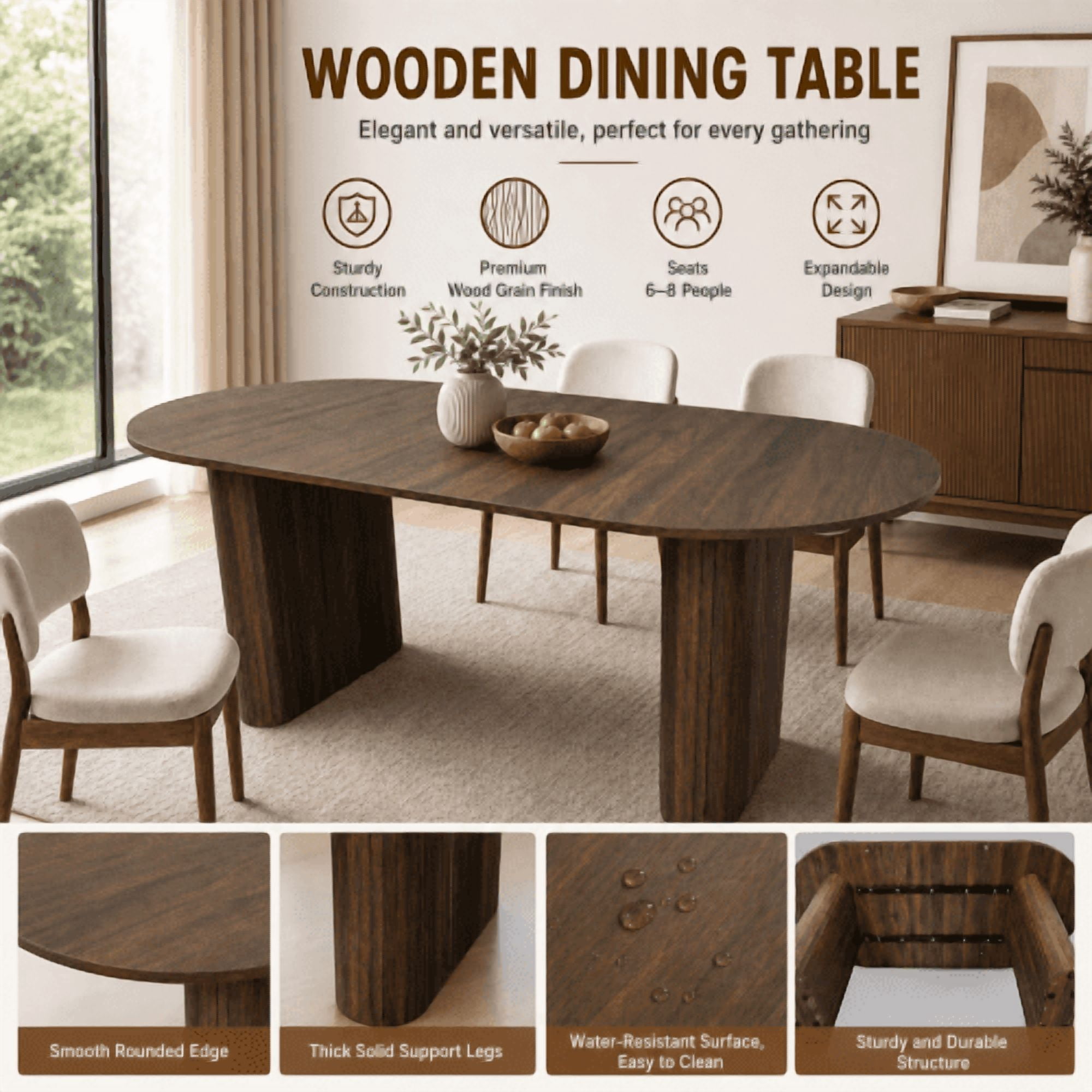 70.8" Oval Dining Table for 4-8 People, Modern Farmhouse Kitchen Table with Wood Strip Base, Walnut